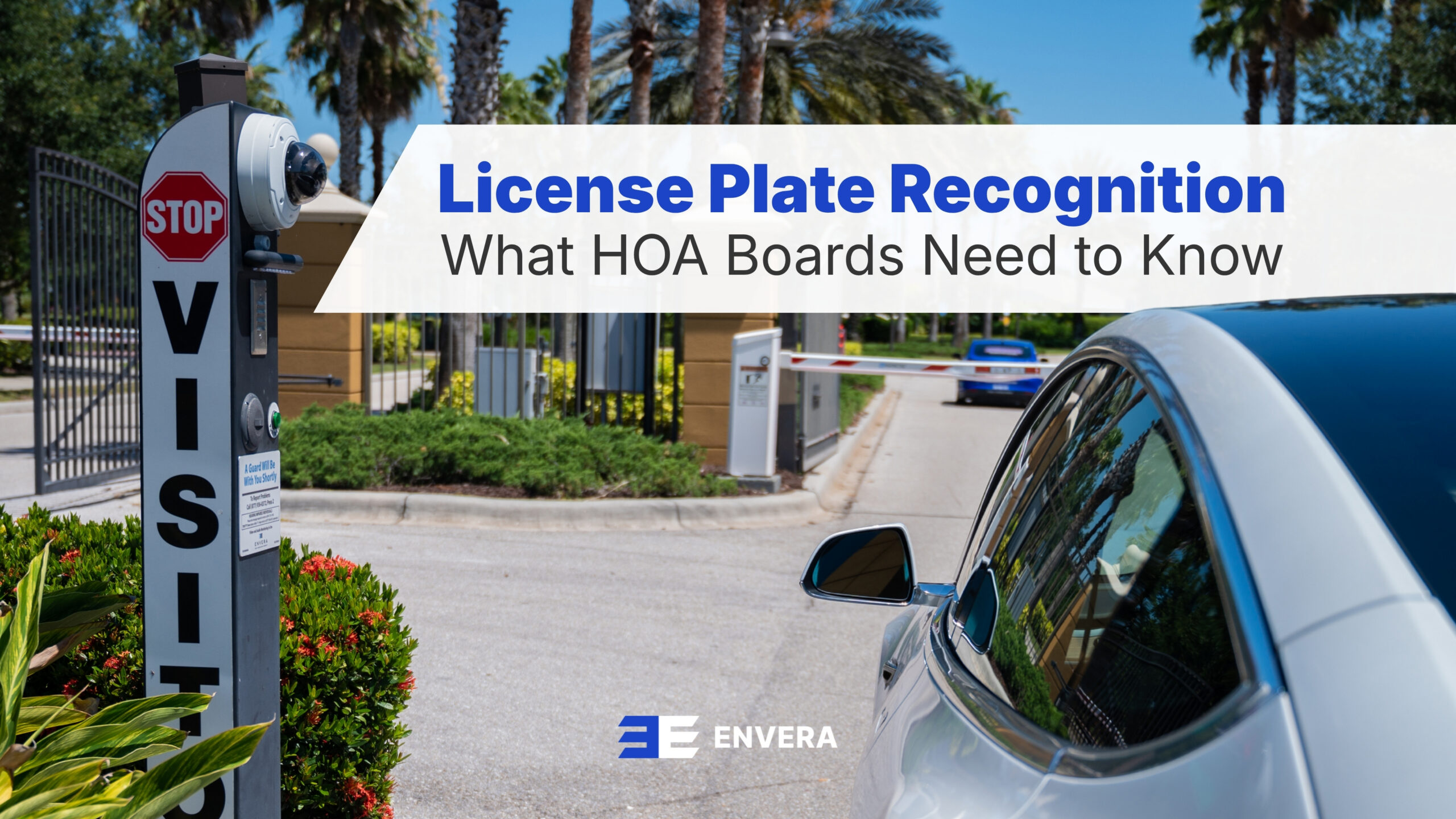 Closeup of vehicle at a drivers license reader kiosk with blog title "What HOA Boards Need to Know"