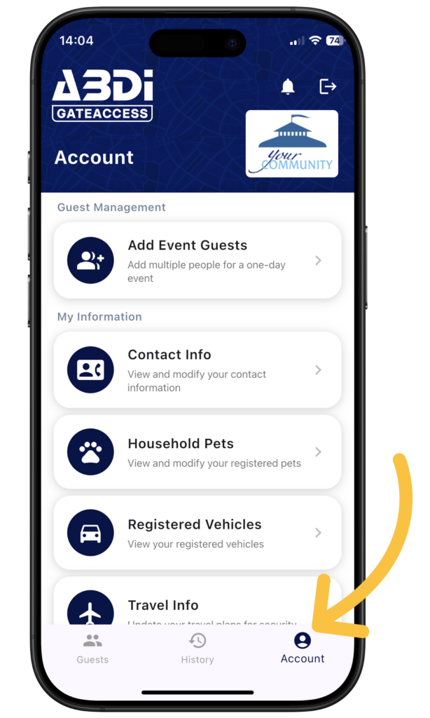 Account page section of the GateAccess app