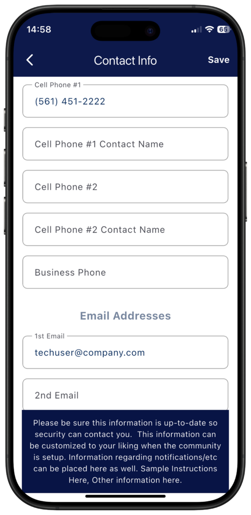 Contact info section of the GateAccess app