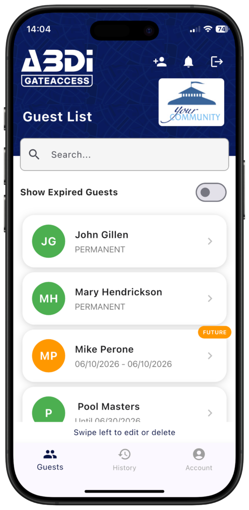 Guest List section of GateAccess app