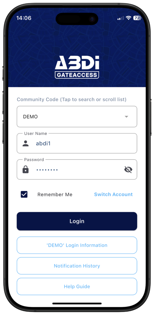 GateAccess app login screen