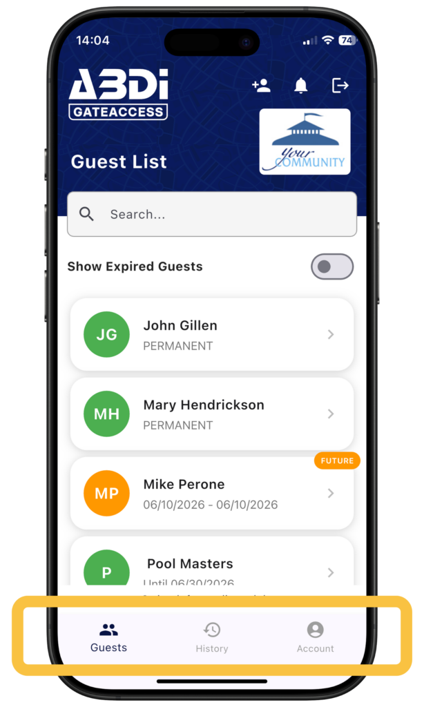 Image highlighting the lower navigation section of the GateAccess app