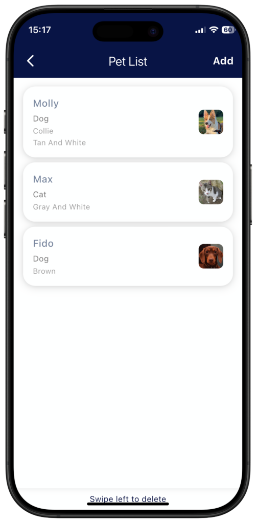 Pet list section of GateAccess app
