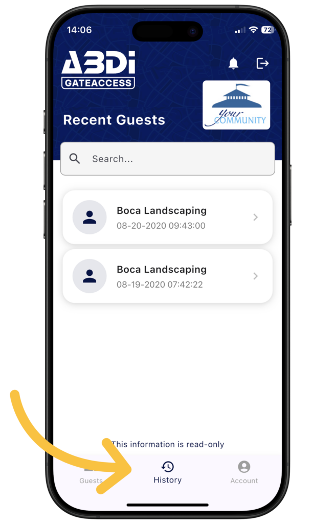 Recent guests history section of GateAccess app
