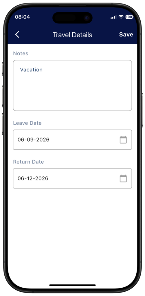 Travel details section of GateAccess app