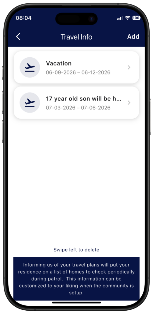 Travel info section of GateAccess app