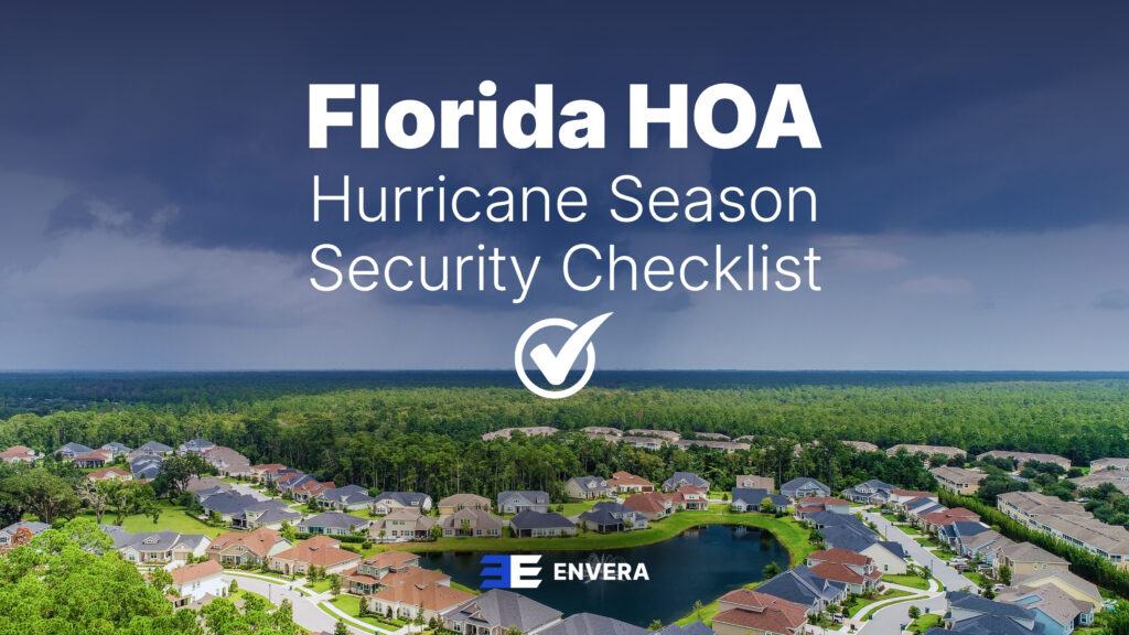 Photo of a community with storm clouds overhead with title "Florida HOA Hurricane Season Seciruty Checklist"